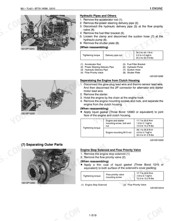 Kubota B21 TL421 BT751 engine hydraulic pipes removal, clutch housing separation, stop solenoid procedures with torque specs