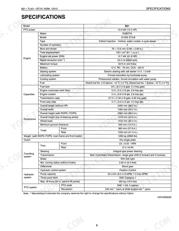 Kubota B21 TL421 BT751 shop manual specifications table page 8