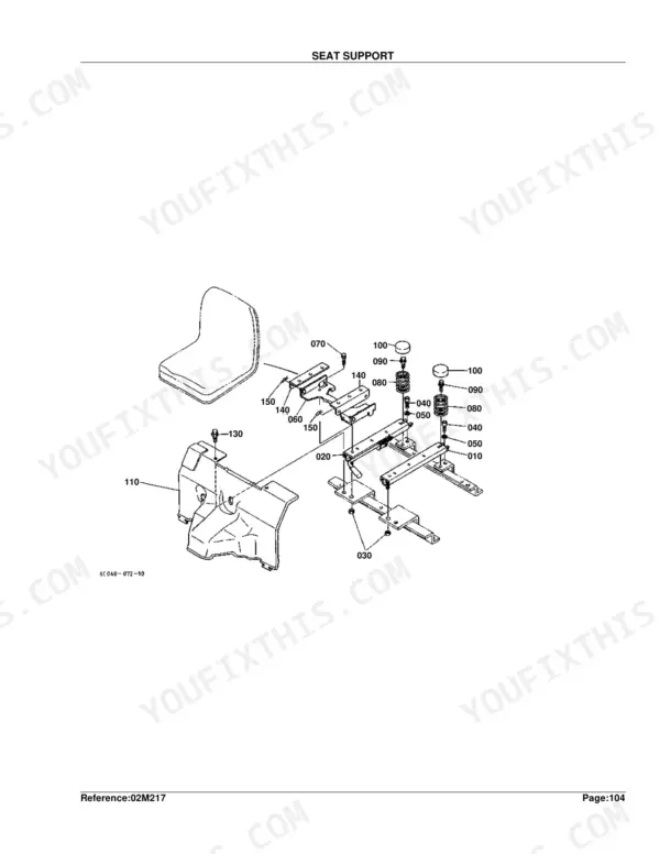 Kubota B2100D seat support exploded view diagram with numbered parts and components