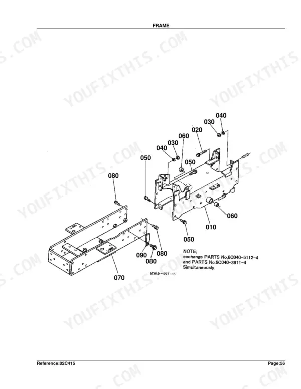 Kubota B2100D frame exploded view diagram with numbered parts 010-090 and assembly notes
