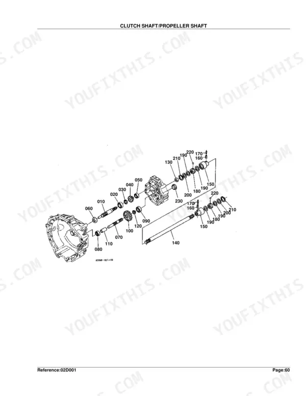 Kubota B2100D clutch shaft propeller shaft exploded view diagram with numbered component parts