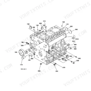 Kubota B2100D crankcase exploded view diagram with numbered component parts and assembly references