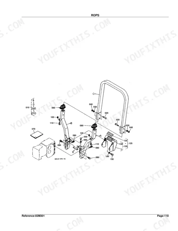 Kubota B2100HSD B1700HSD B2400HSD ROPS rollover protective structure exploded view parts diagram with numbered components
