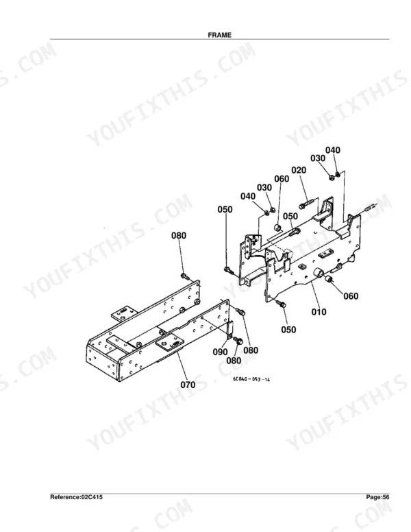 Kubota B2100HSD B1700HSD B2400HSD frame exploded view with numbered component parts 010-090