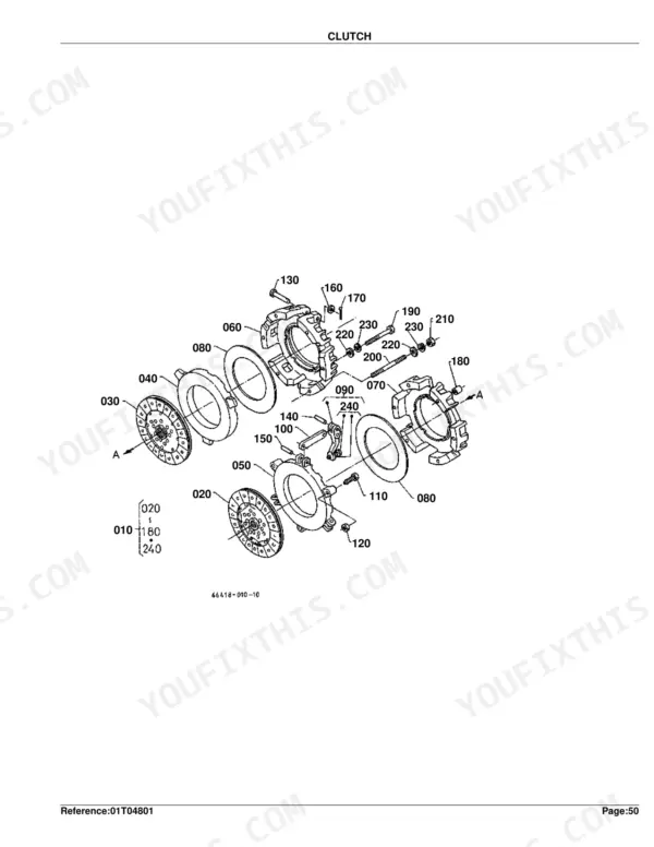 Kubota B2150E clutch exploded view diagram with numbered component parts and assembly reference