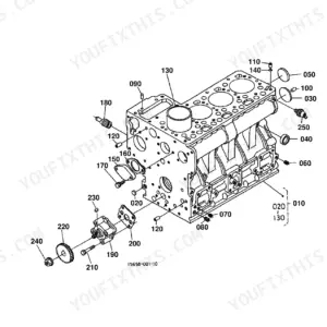 Kubota B2150E crankcase exploded view diagram with numbered component parts and assembly references