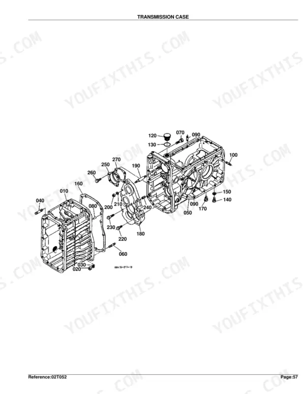 Kubota B2150HSD transmission case exploded view diagram with numbered component parts and assembly references