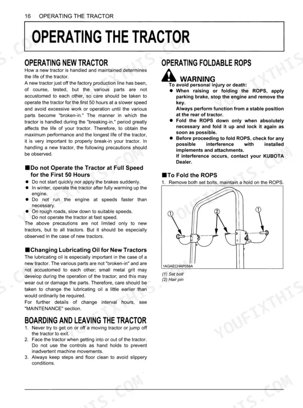 Kubota B2301, B2601 operating tractor procedures including new tractor break-in, foldable ROPS folding instructions with diagram, and boarding/leaving safety guidelines