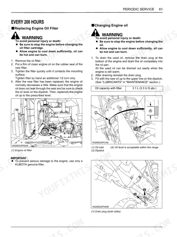 Kubota B2301 B2601 periodic service procedures for replacing engine oil filter and changing engine oil with diagrams and warnings