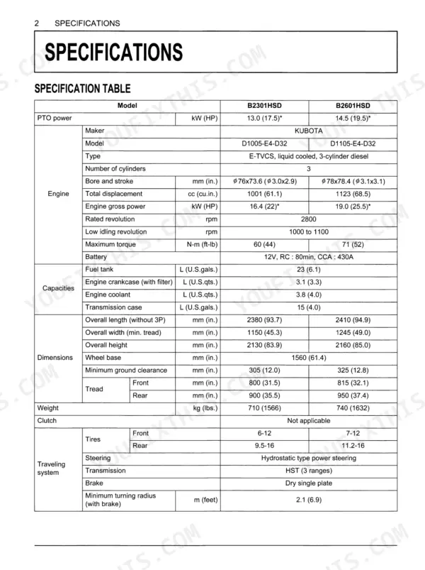 Kubota B2301HSD B2601HSD specifications table: engine power, displacement, torque, capacities, dimensions, weight, tires, steering, transmission, brake specs