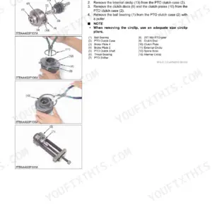 Kubota B2301, B2601 Independent PTO Clutch exploded view with removal procedures and component identification