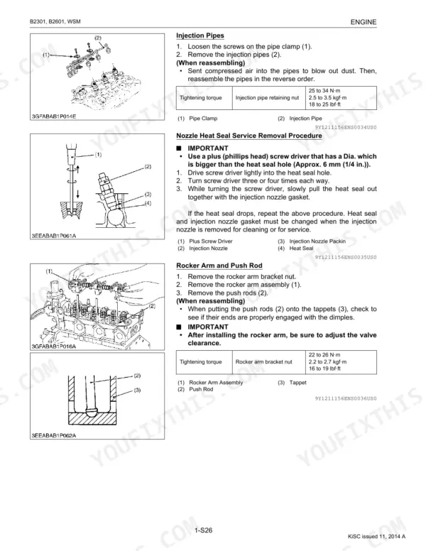 Kubota B2301, B2601 engine injection pipes, nozzle heat seal removal, rocker arm and push rod service procedures with diagrams and torque specifications