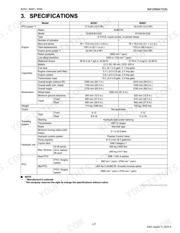 Kubota B2301, B2601 specifications table: engine, capacities, dimensions, traveling system, hydraulic unit, PTO details