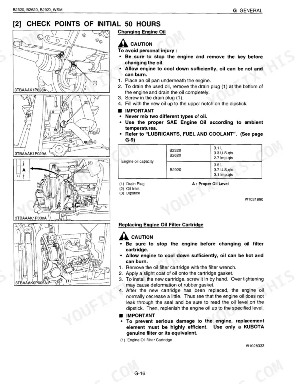 Kubota B2320, B2620, B2920 initial 50-hour check points: engine oil change procedure with drain plug location, oil capacity table, and oil filter cartridge replacement steps