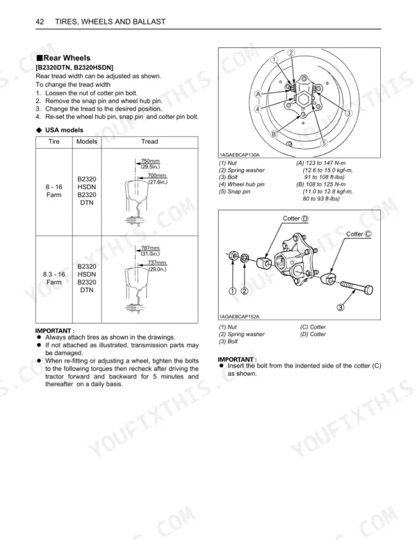 Kubota B2320DTN B2320HSDN rear wheel assembly diagram with tread width adjustment procedure, torque specifications, and cotter pin installation details
