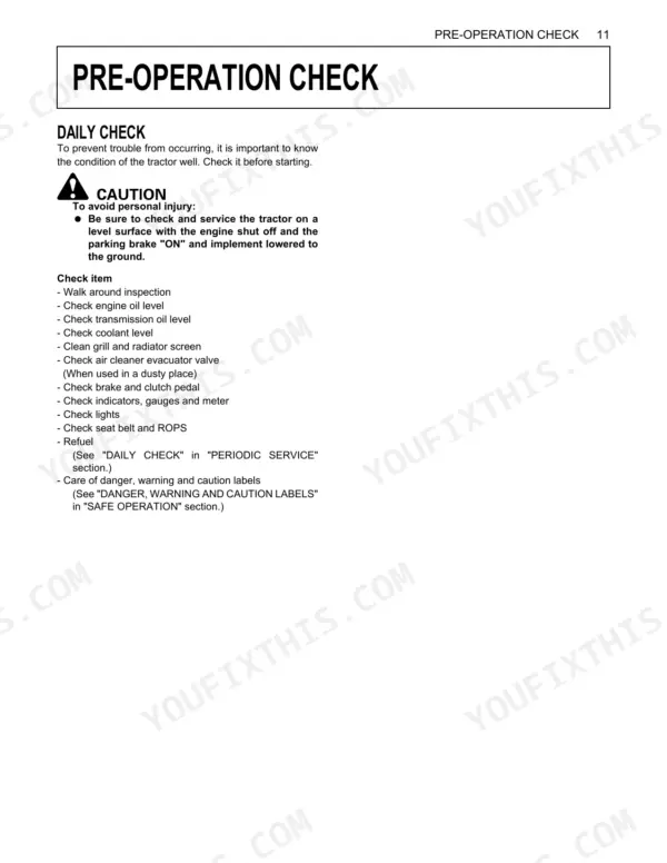Kubota B2320 B2620 B2920 pre-operation daily check procedures including oil levels, coolant, brakes, lights and safety inspection
