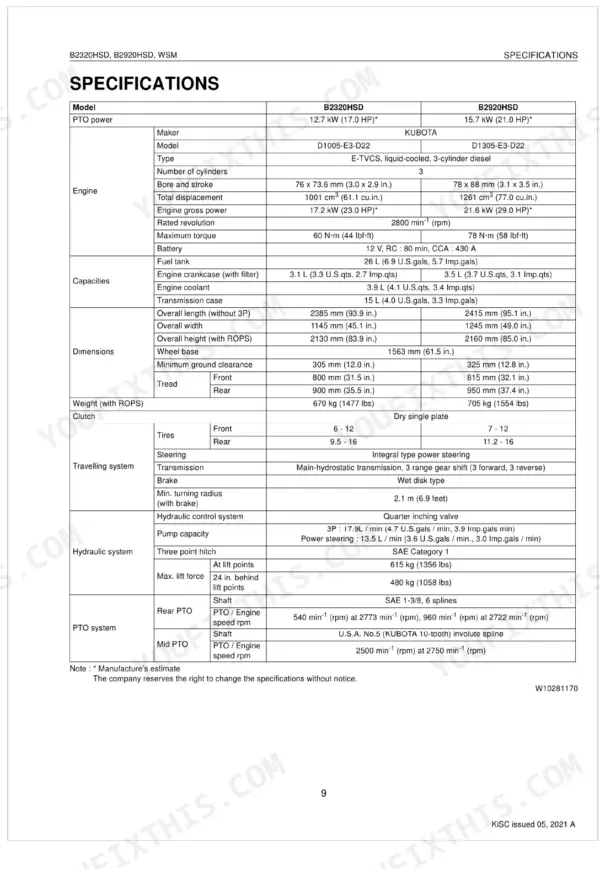 Kubota B2320HSD, B2920HSD specifications table: engine, capacities, dimensions, traveling system, hydraulic system, PTO system