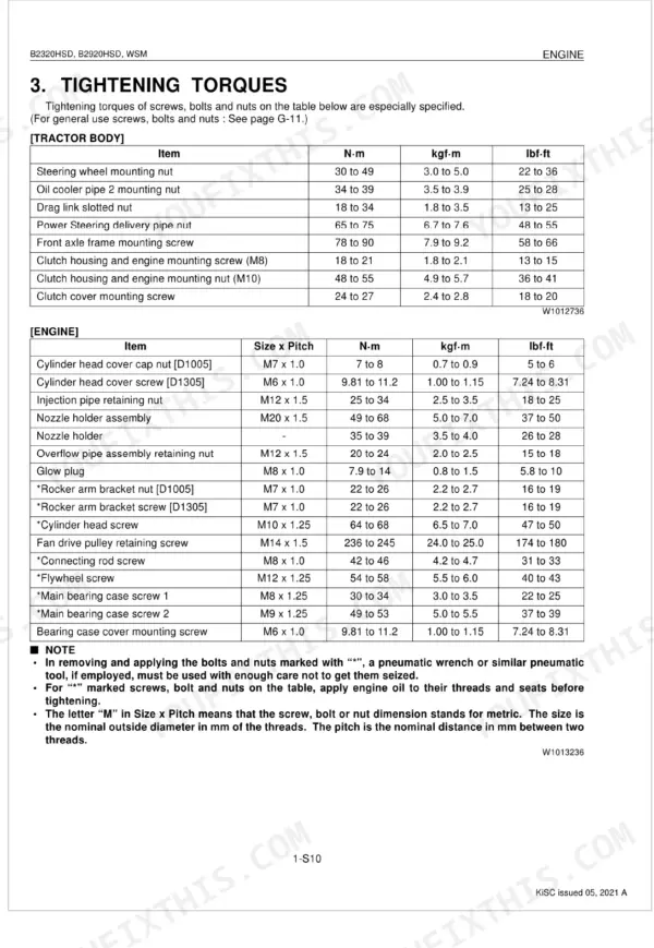 Kubota B2320HSD, B2920HSD engine tightening torques table with tractor body and engine component specifications in N·m, kgf·m, lbf·ft