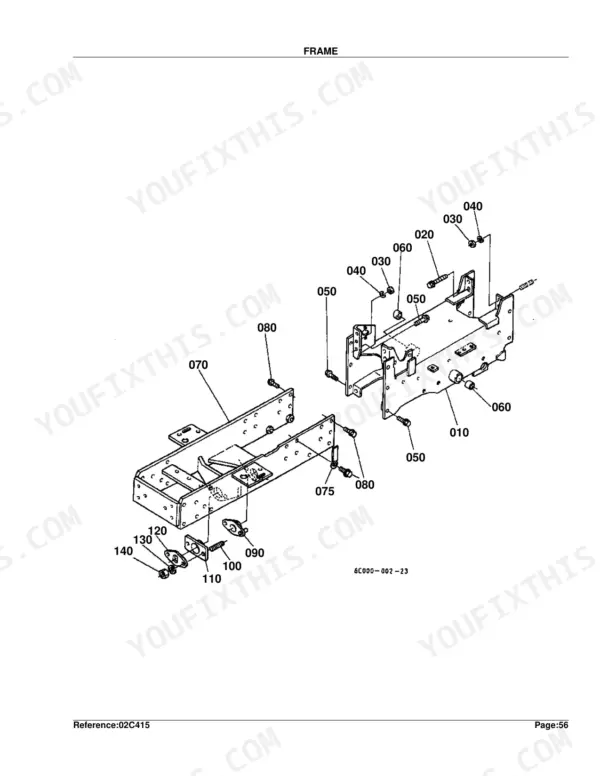 Kubota B2400HSE frame exploded view diagram with numbered component parts and assembly references