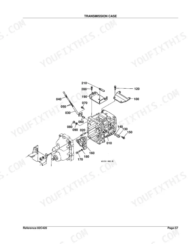 Kubota B2400HSE transmission case exploded view diagram with numbered component parts and assembly references