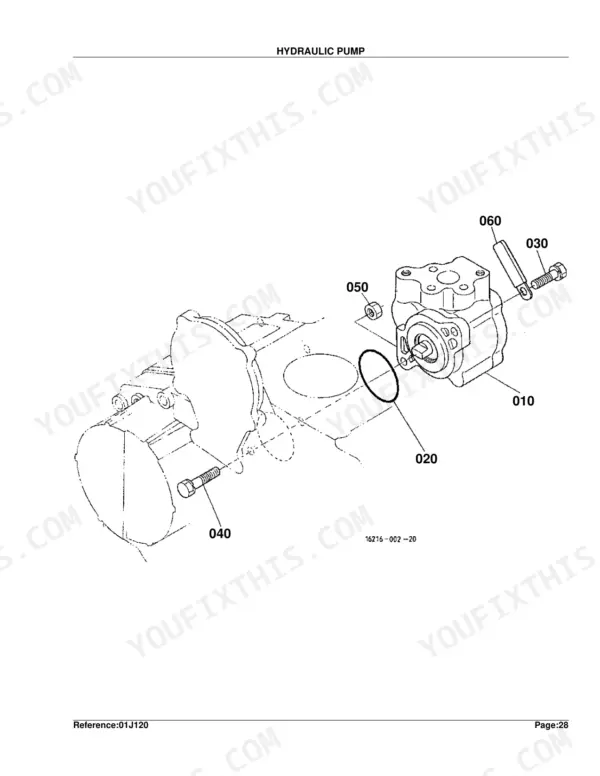 Kubota B2400HSE hydraulic pump exploded view diagram with numbered component parts 010-060