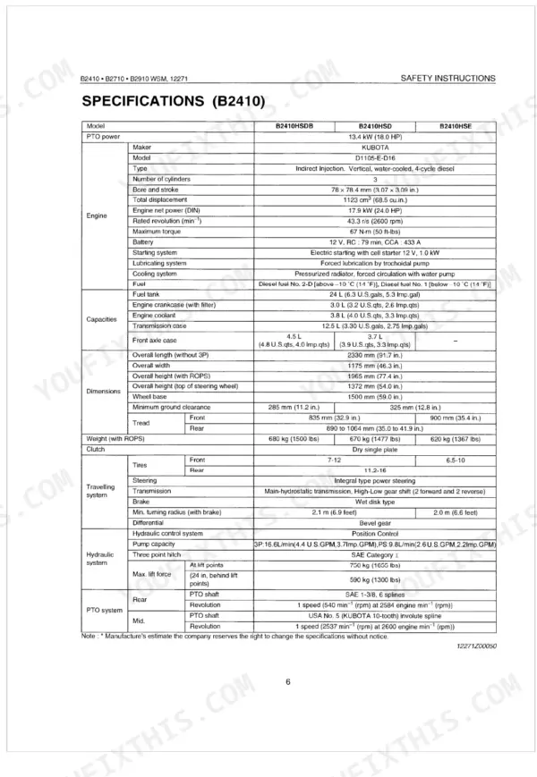 Kubota B2410, B2710, B2910 technical specifications table covering engine, dimensions, capacities, and hydraulic systems.