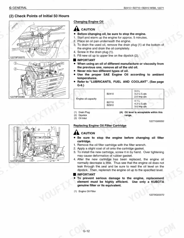 Kubota B2410 B2710 B2910 engine oil change and filter replacement procedures with capacity specifications and component diagrams
