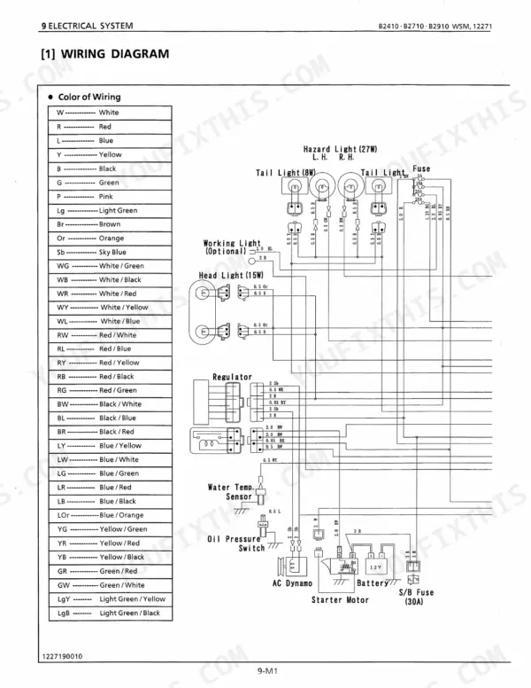 Kubota B2410 B2710 B2910 B7800 HSD electrical system wiring diagram with color code legend and component connections
