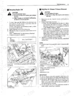 kubota-b2410-tractor-operator-manual-f-11753-exploded-view-63.webp Kubota B2410 maintenance page showing engine oil change procedure and air cleaner primary element cleaning with diagrams