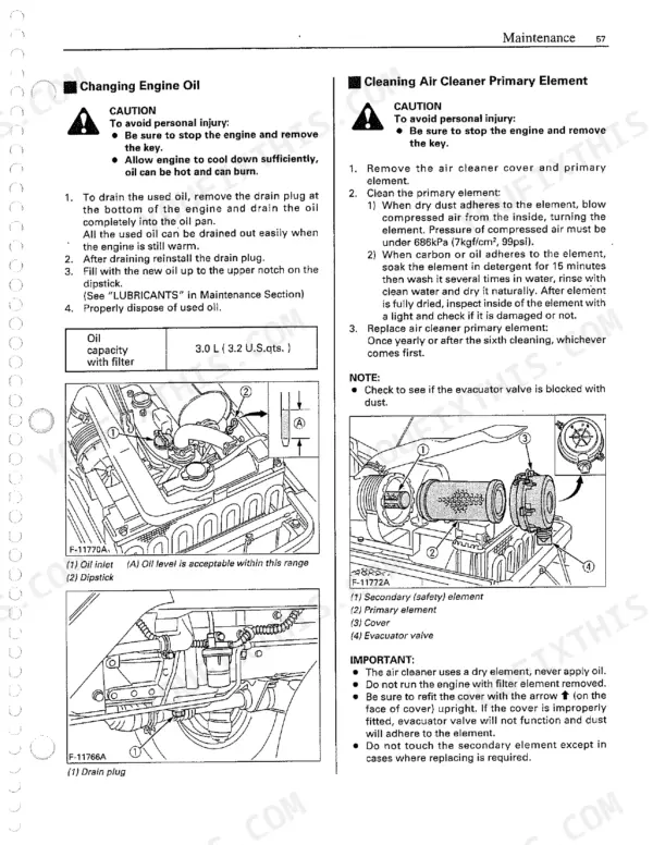 Kubota B2410 maintenance page showing engine oil change procedure and air cleaner primary element cleaning with diagrams