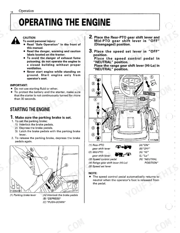 Kubota B2410 operating engine startup procedures with parking brake lever diagram and control lever positions