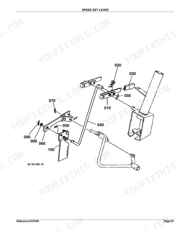 Kubota B2410HSD speed set lever exploded view diagram with numbered component parts 010-100