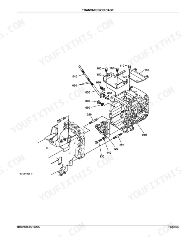 Kubota B2410HSD transmission case exploded view diagram with numbered component parts and assembly details