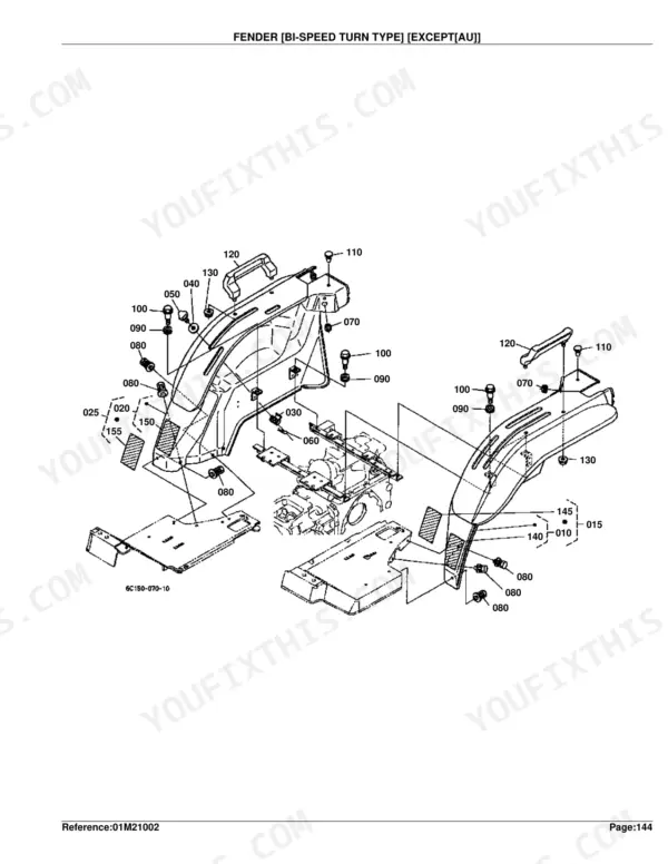 Kubota B2410HSDB bi-speed turn type fender exploded view diagram with numbered component parts