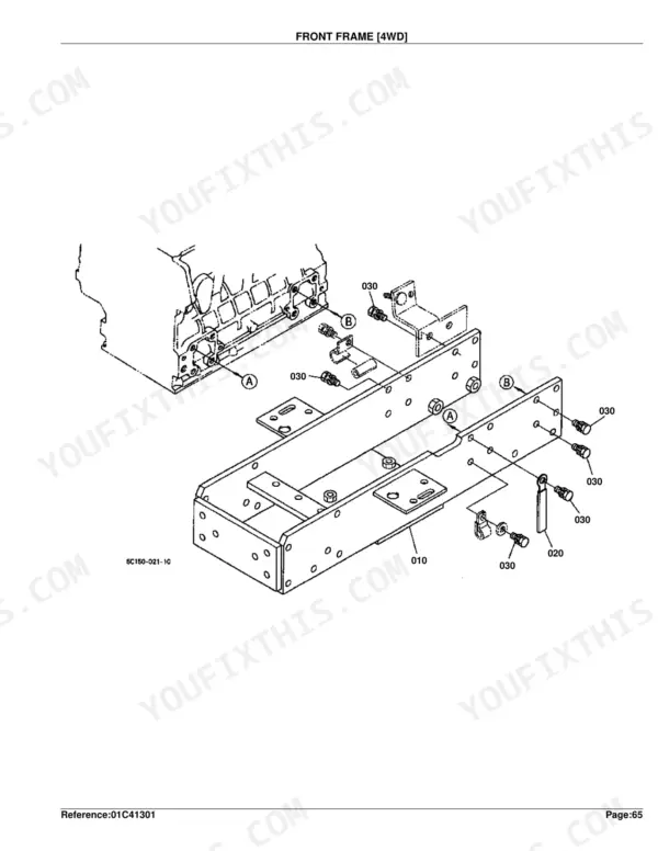 Kubota B2410HSDB front frame 4WD exploded view diagram with numbered component parts and assembly details