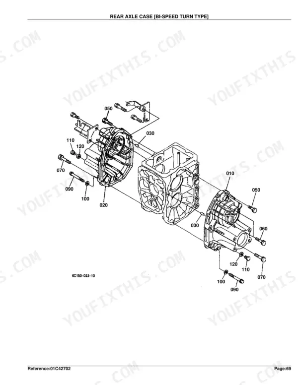 Kubota B2410HSDB rear axle case bi-speed turn type exploded view diagram with numbered component parts