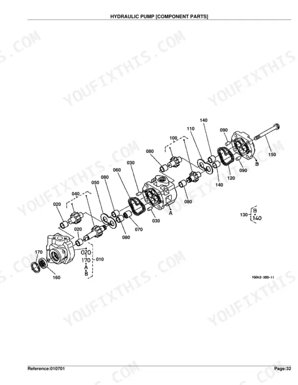 Kubota B2410HSDB hydraulic pump component parts exploded view diagram with numbered reference callouts