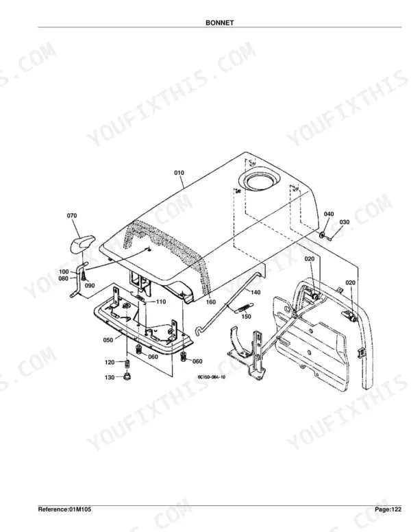 Kubota B2410HSE bonnet exploded view diagram with numbered parts including hood, hinges, latches, and fasteners