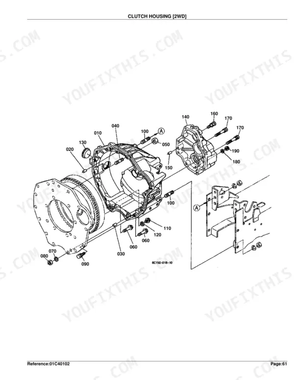 Kubota B2410HSE clutch housing 2WD exploded view diagram with numbered parts and assembly details