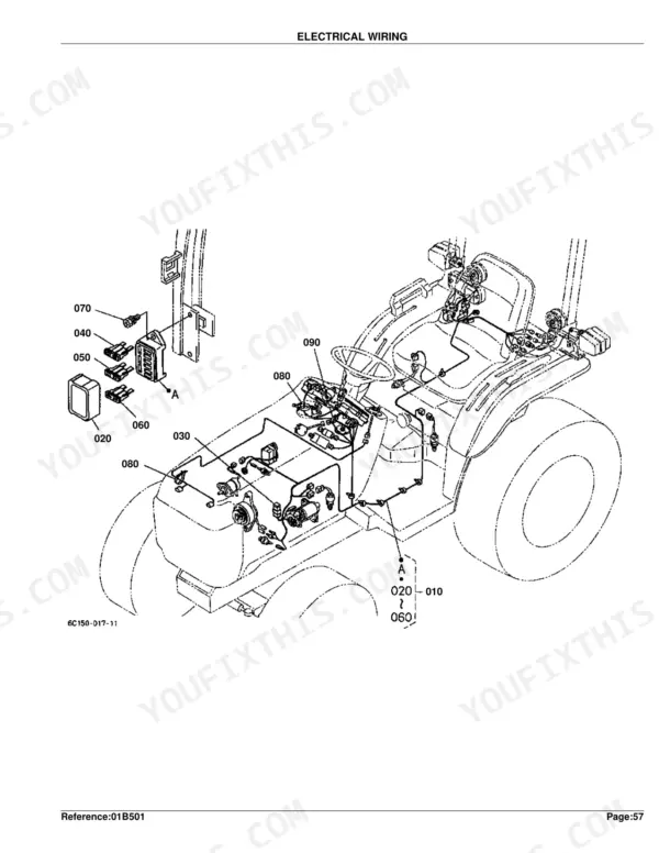Kubota B2410HSE electrical wiring diagram showing alternator, starter, battery, and harness components with numbered part references