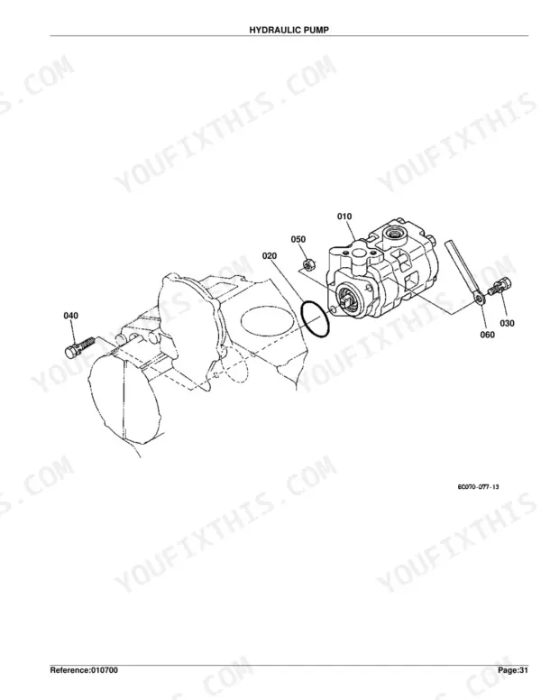 Kubota B2410HSE hydraulic pump exploded view diagram with numbered component parts 010-060