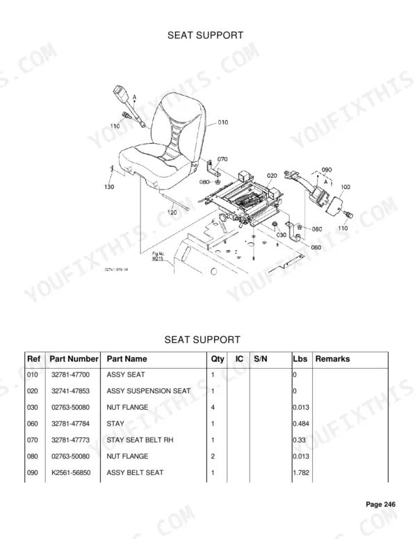 Kubota B26 cab parts exploded view with part numbers and assembly diagram page 246