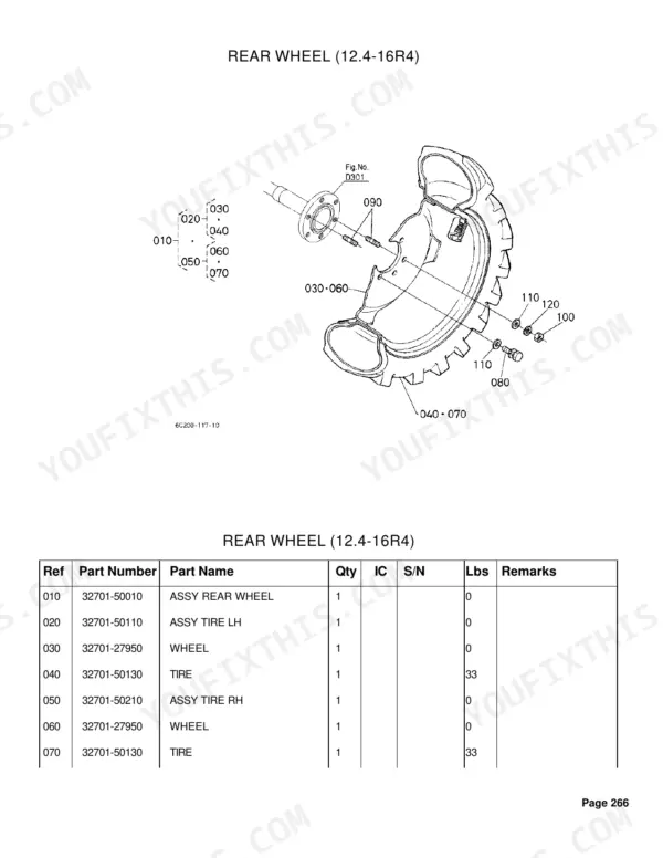 Kubota B26 chassis parts catalog page 266 exploded view with part numbers
