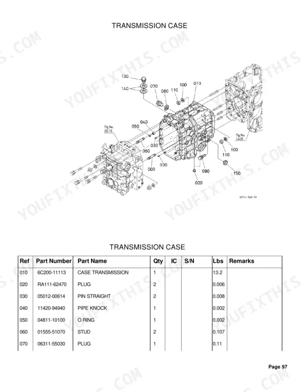 Kubota B26 transmission case exploded view with parts list showing case, plugs, pins, O-ring