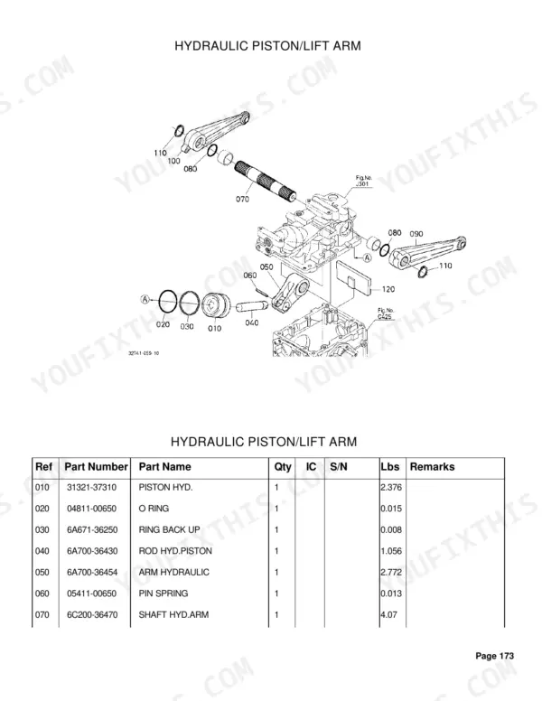 Kubota B26 hydraulic system parts catalog page 173 with exploded view and part numbers