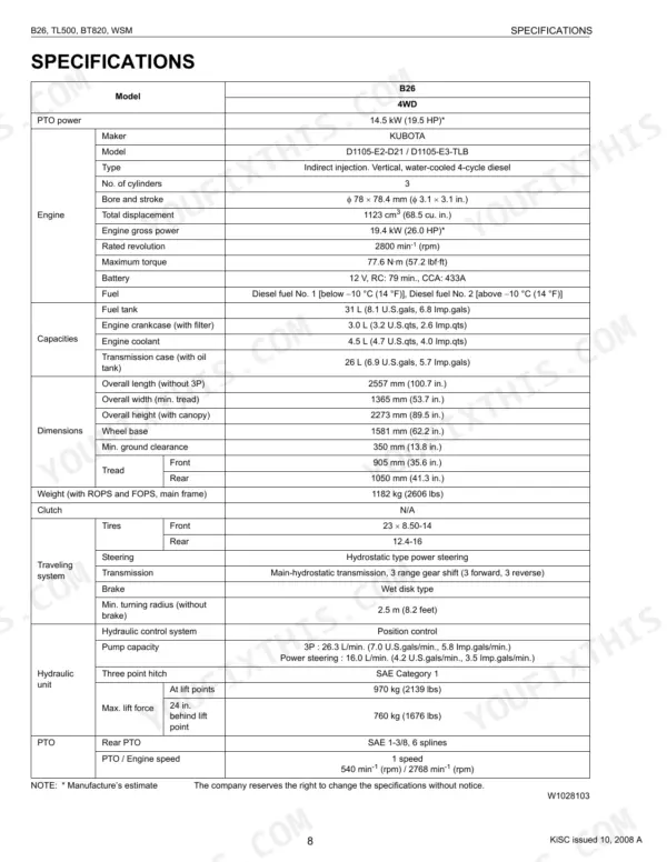 Kubota B26 TL500 BT820 workshop manual general specifications table with dimensions and capacities