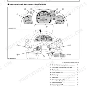 Kubota B2630 B3030 B3000 instrument panel and controls diagram showing gauges, switches, steering wheel and hand controls with numbered callouts