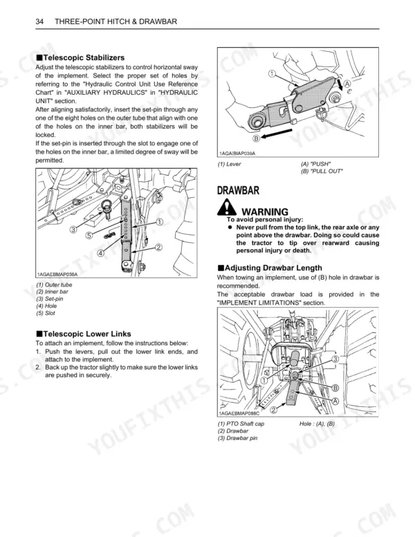 Kubota B2630 B3030 B3000 three-point hitch drawbar telescopic stabilizers and lower links assembly diagram with adjustment procedures