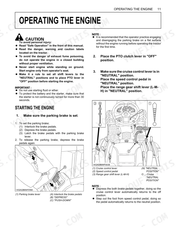Kubota B2630 B3030 B3000 operating engine starting procedure with parking brake lever diagram and control positions
