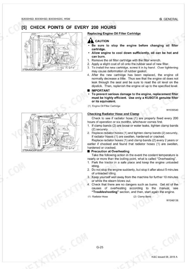 Kubota B2630HSD B3030HSD B3030HSDC 200-hour maintenance check points: engine oil filter cartridge replacement procedure and radiator hose clamp inspection with overheating precautions